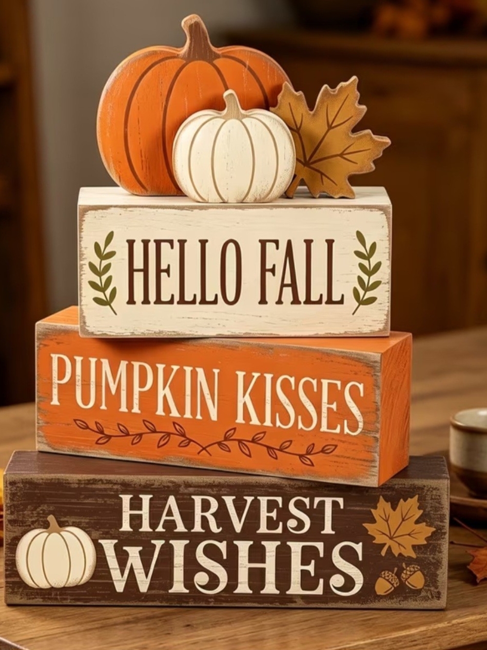 Hello Fall Pumpkin Kisses Tiered Block Decor - Orange & Cream